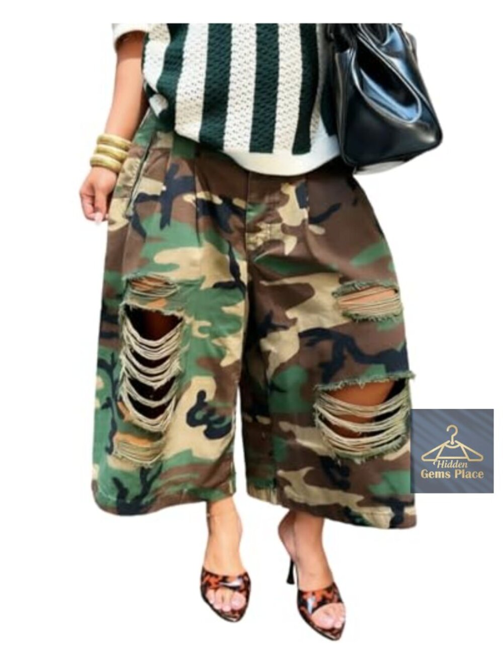 Women's Ripped Camo Barrel Wide Leg Distressed Capris Pants High Waisted